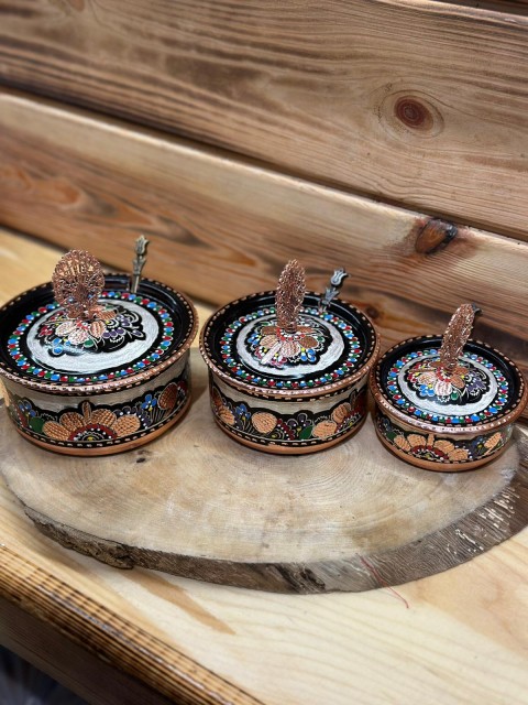 BAKIR BAHARATLIK KAŞIKLI MİNELİ 3 LÜ 13-11-9 CM GENİŞLİK 6CM DERİNLİK