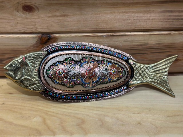 BAKIR BALIK SUNUMLUK BÜYÜK  EL İŞLEMESİ MİNELİ BALIK 45CM HAZNE 25CM