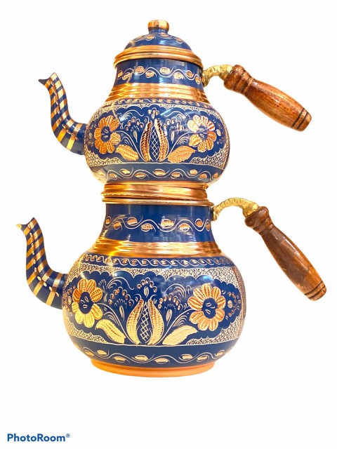 BAKIR DEMLİK ÖZEL  EL İŞLEMELİ MAVİ BÜYÜK BOY